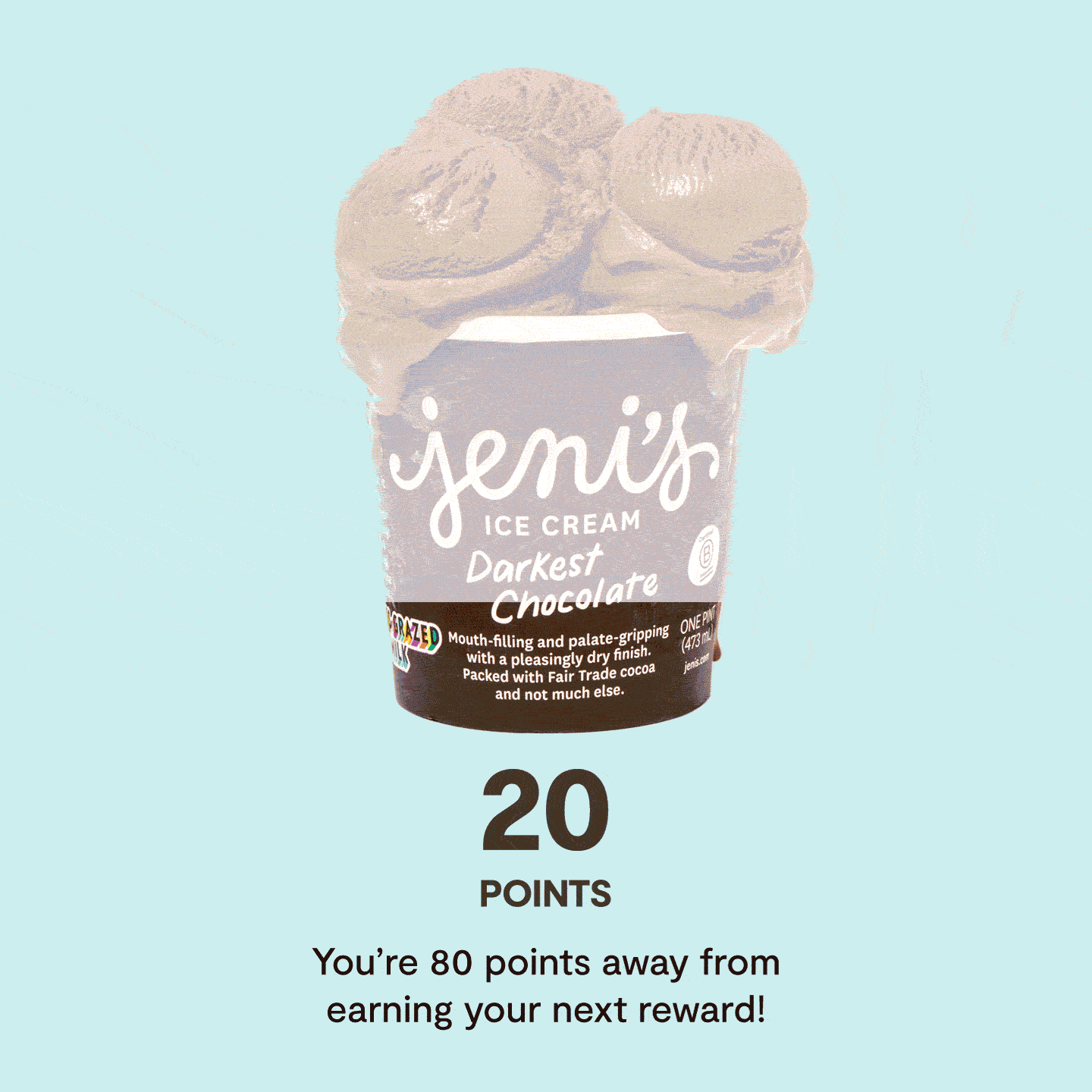 Animation of a pint of ice cream filling up and rewards points moving from 20 to 100 points