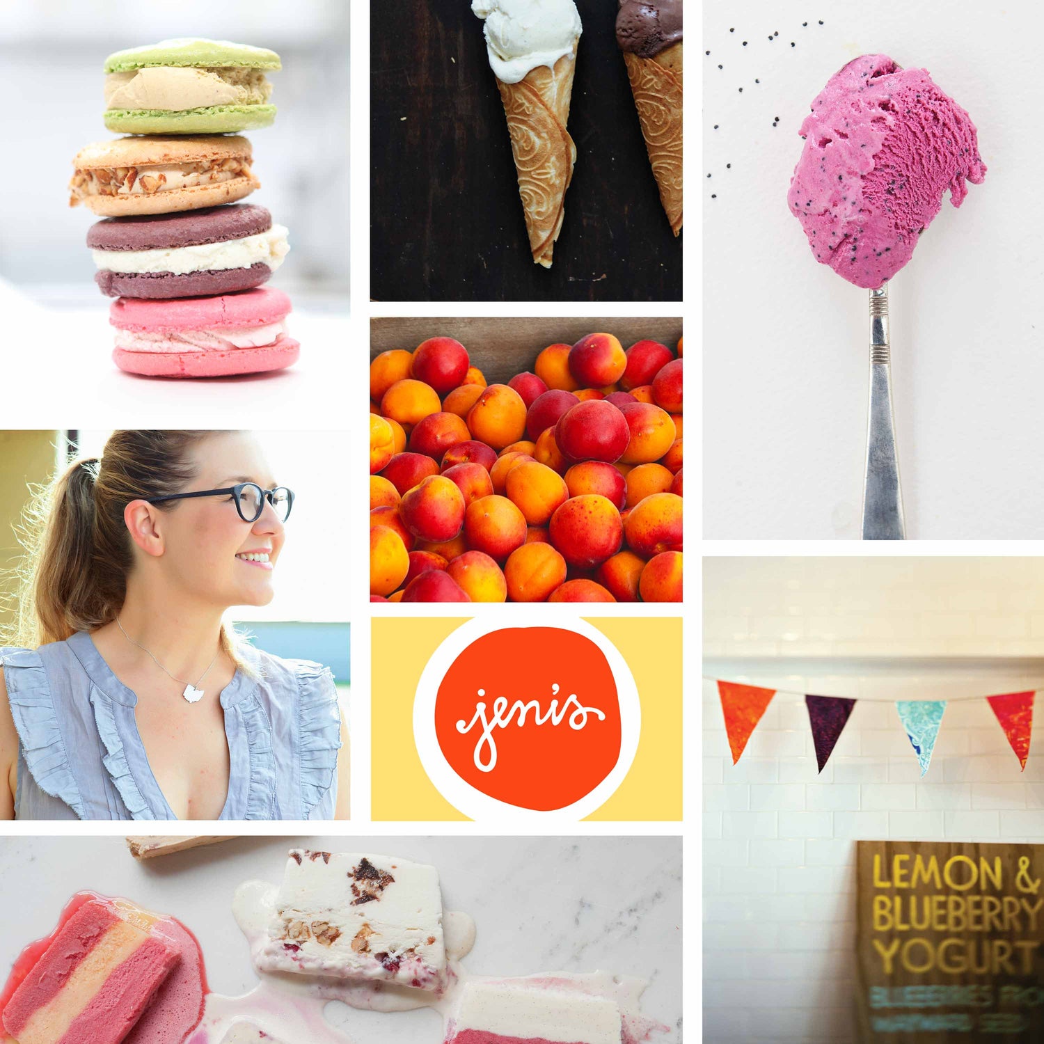 Collage of Jeni's ice cream, macarons, peaches and jeni britton