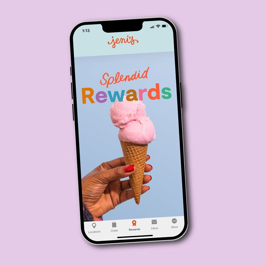 Mobile phone with the Jeni's Rewards app on screen
