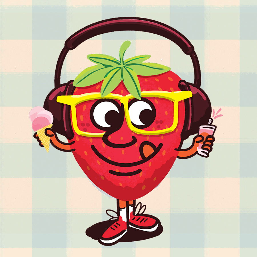 Illustrated cartoon character of a strawberry wearing glasses and headphones