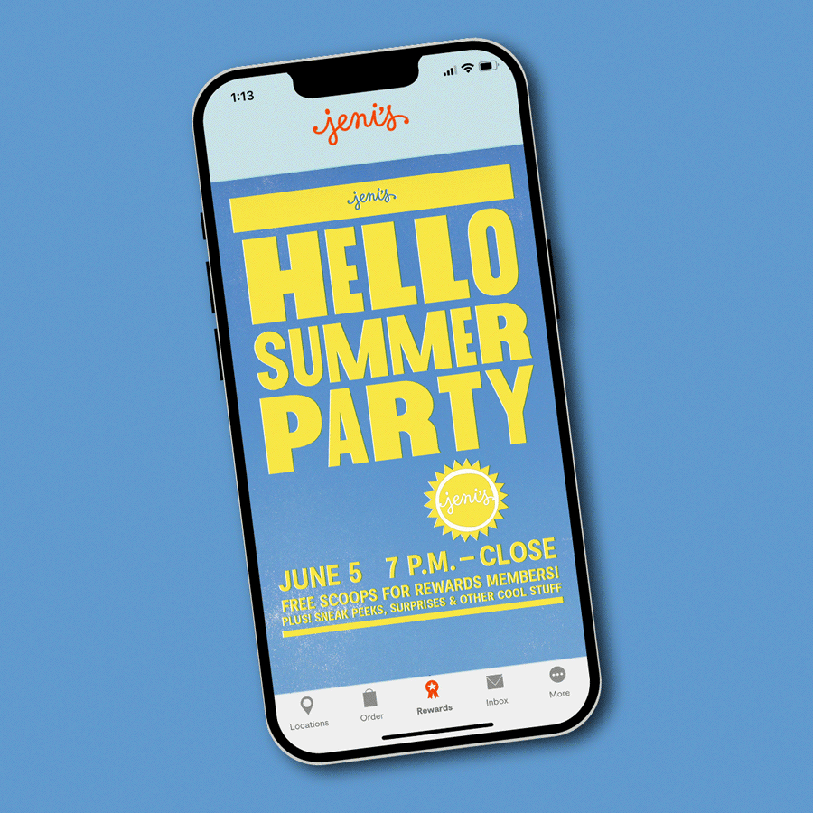 A mobile phone showing a poster on screen of Jeni's Hello Summer Rewards event on June 5, 2023