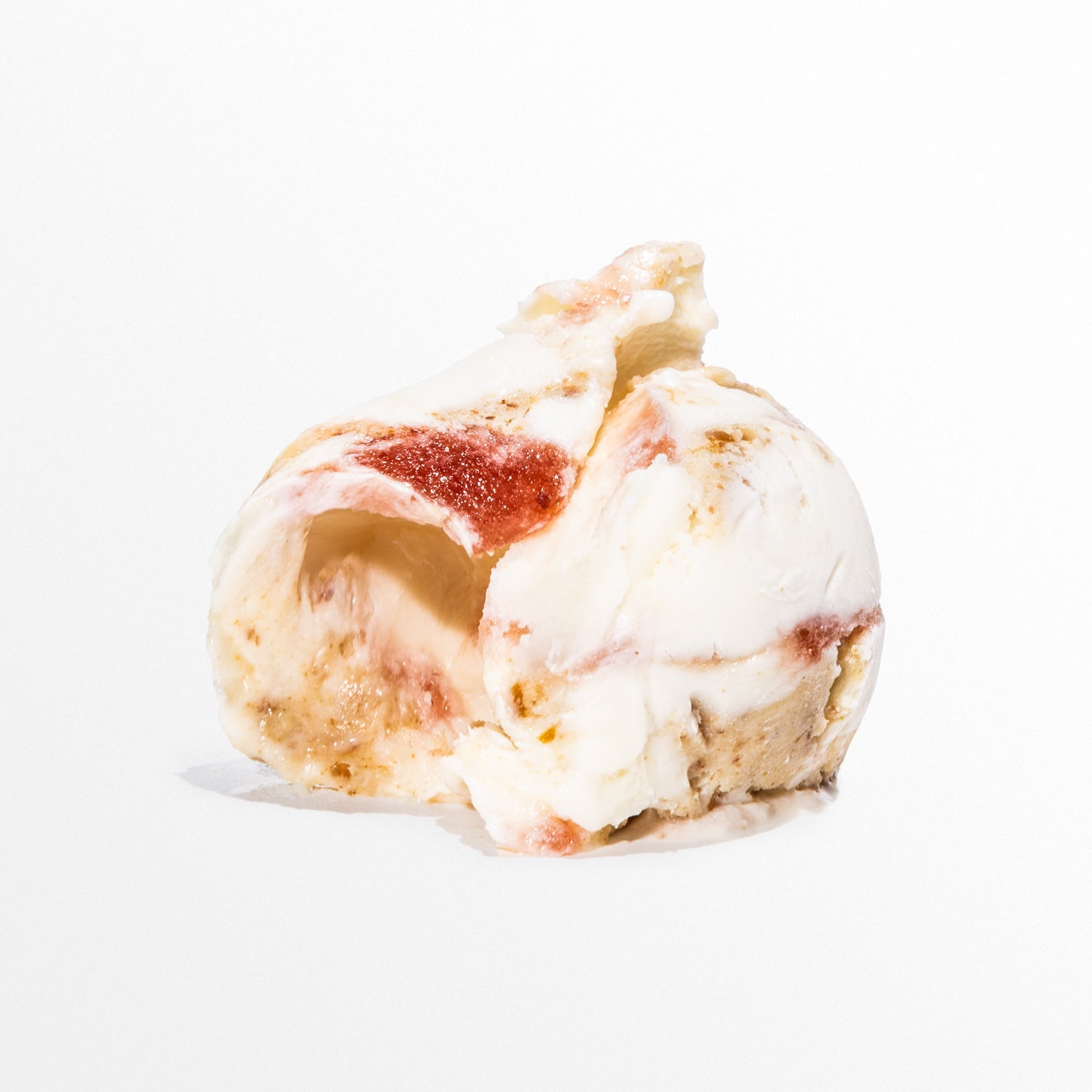 Ice cream scoop with red and white swirls on a white background