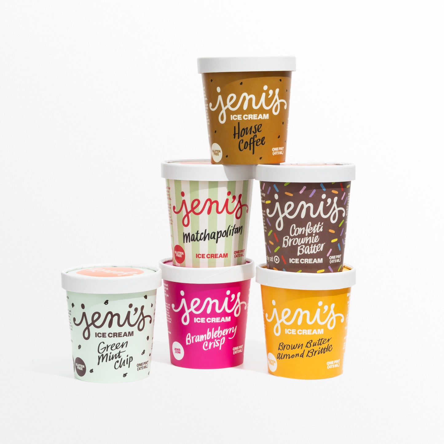 Jeni's Ice Cream containers in various flavors on a white background